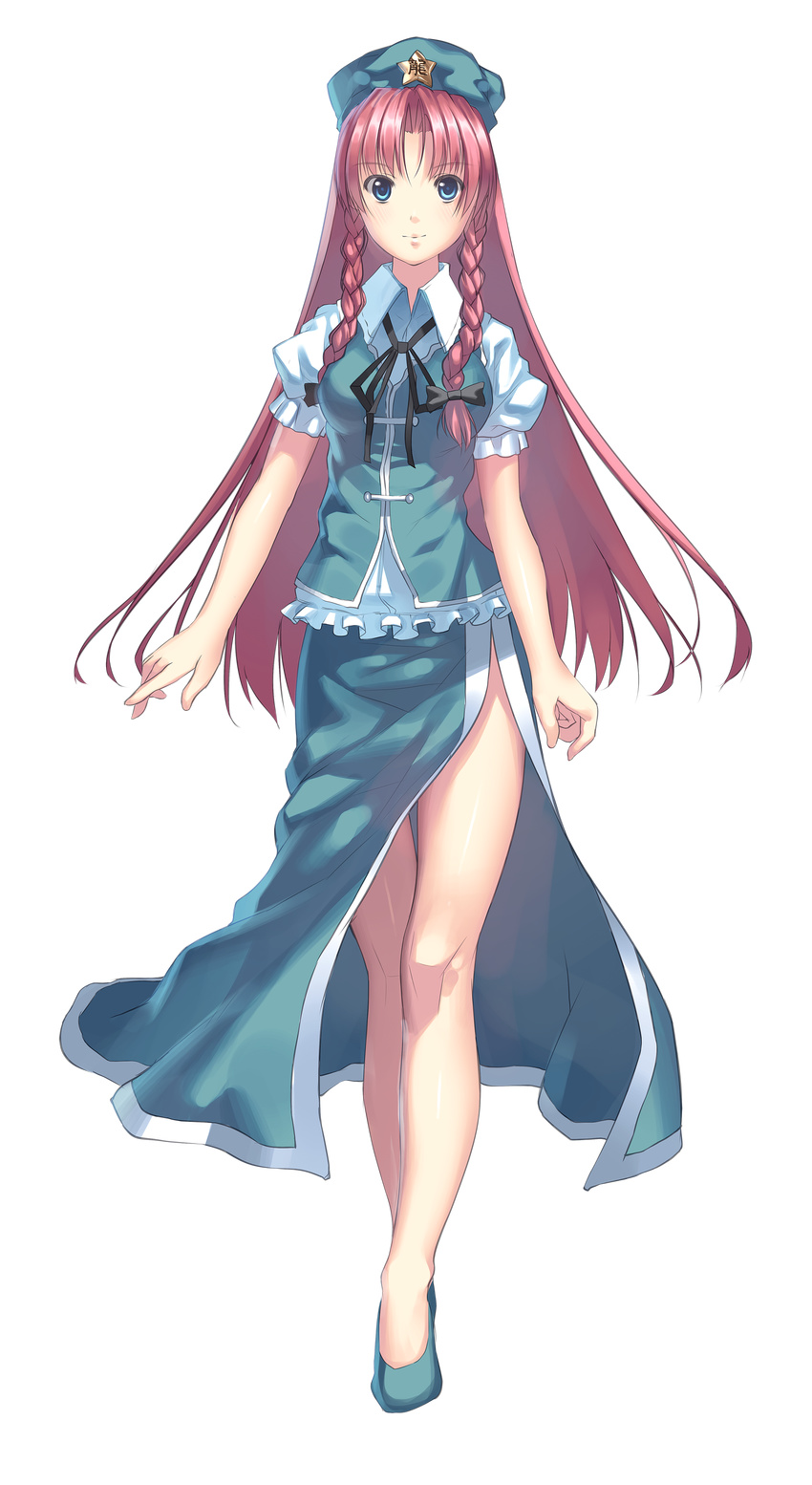 absurdres bad_id bad_pixiv_id blue_eyes bow braid china_dress chinese_clothes dress frills full_body hair_bow hat highres hong_meiling joeian legs long_hair red_hair ribbon shoes short_sleeves side_slit solo standing touhou transparent_background twin_braids