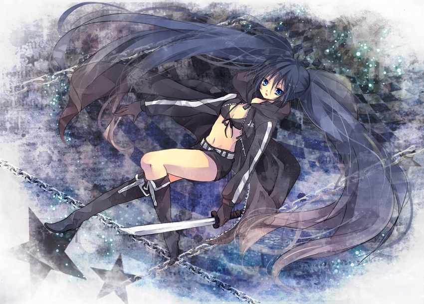 bad_id bad_pixiv_id belt bikini_top black_hair black_rock_shooter black_rock_shooter_(character) blue_eyes boots coat glowing glowing_eyes kokonoe_miya long_hair midriff pale_skin shorts solo sword twintails very_long_hair weapon