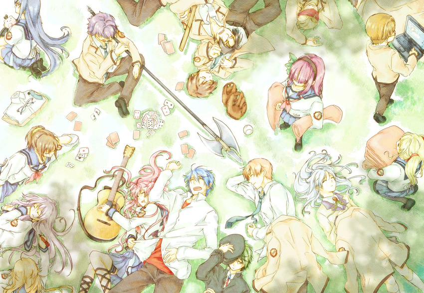 6+girls acoustic_guitar angel_beats! axe baseball_mitt blazer blonde_hair blue_hair brown_hair card closed_eyes computer cushion everyone fujimaki_(angel_beats!) green_hair guitar hat highres hinata_(angel_beats!) hisako_(angel_beats!) instrument irie_(angel_beats!) jacket laptop long_hair lying lying_card matsushita multiple_boys multiple_girls naoi_ayato noda_(angel_beats!) ooyama_(angel_beats!) open_mouth otonashi_(angel_beats!) pantyhose pink_hair playing_card purple_hair robata school_uniform sekine serafuku shiina_(angel_beats!) shinda_sekai_sensen_uniform short_hair silver_hair sitting sleeping sleeves_rolled_up takamatsu takeyama_(angel_beats!) tenshi_(angel_beats!) tk_(angel_beats!) twintails weapon yui_(angel_beats!) yuri_(angel_beats!) yusa_(angel_beats!)