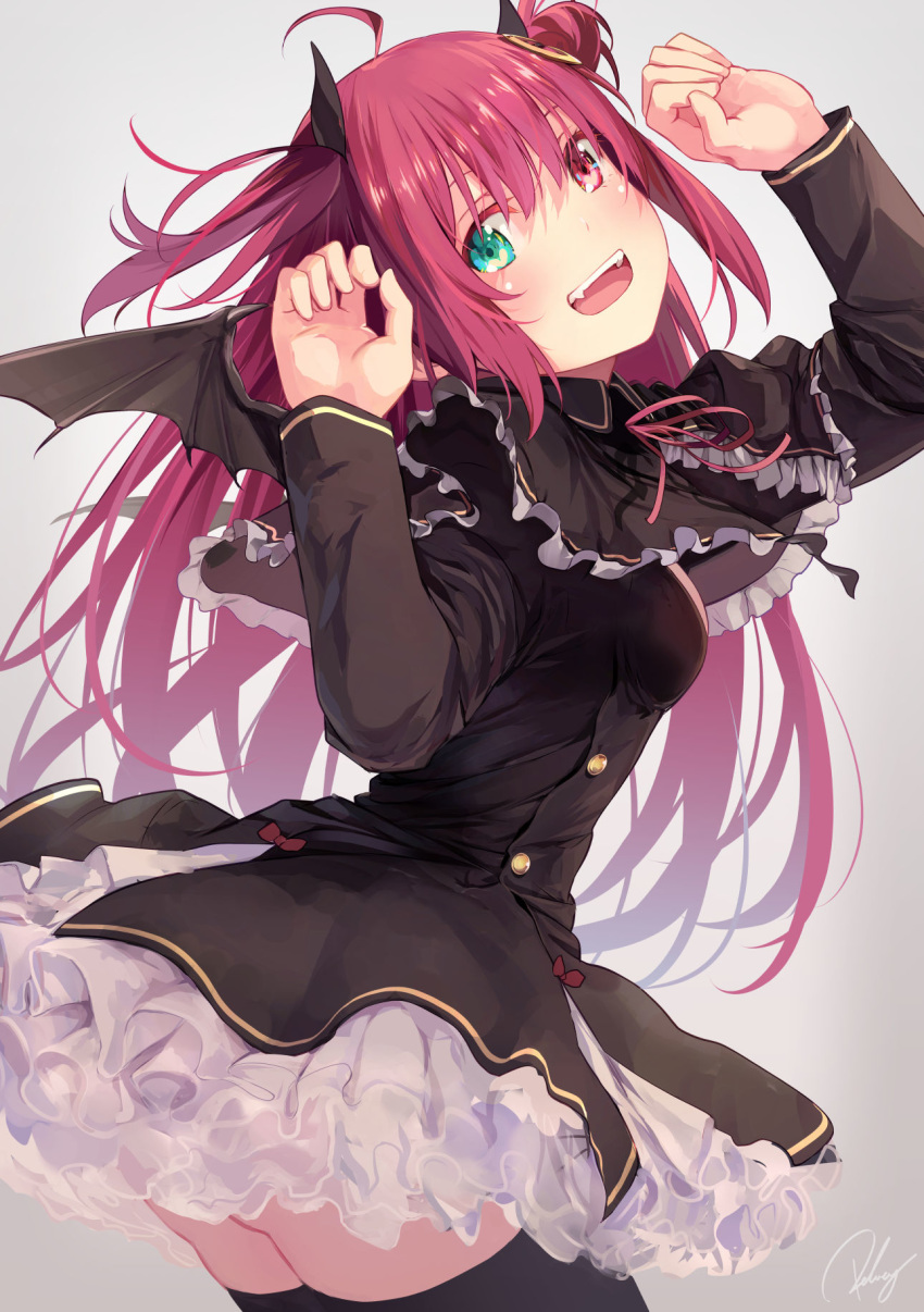 1girl ahoge ass bangs black_legwear blue_eyes blush commentary_request crescent crescent_hair_ornament demon_girl demon_horns demon_wings dress fang frills from_behind hair_ornament heterochromia highres horns long_hair long_sleeves nijisanji open_mouth re_lucy red_eyes red_hair signature smile solo thighhighs two_side_up virtual_youtuber wings yuzuki_roa
