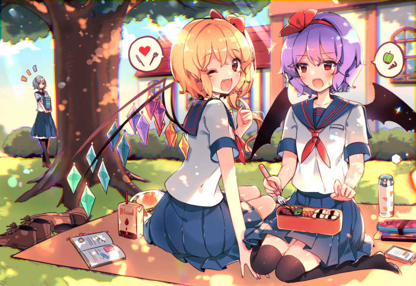 /\/\/\ 3girls ;d alternate_costume bangs bat_wings black_legwear blonde_hair blue_sailor_collar blue_skirt book bow brown_footwear building bush carrying cellphone crystal dappled_sunlight day eyebrows_visible_through_hair fang flandre_scarlet food fork full_body hair_bow hair_ribbon hairband hamburger heart holding holding_fork izayoi_sakuya kirero light_rays looking_at_viewer looking_back medium_skirt multiple_girls neckerchief obentou one_eye_closed open_book open_mouth outdoors pantyhose pencil_case phone pleated_skirt pointing pointing_at_self purple_hair red_bow red_eyes red_hairband red_neckwear red_ribbon remilia_scarlet ribbon sailor_collar school_uniform serafuku shirt shoes_removed short_hair short_sleeves side_ponytail sidelocks silver_hair sitting skirt smartphone smile spoken_food spoken_heart spoken_object sunbeam sunlight sweat thermos thighhighs touhou tree wariza white_shirt wings yokozuwari zettai_ryouiki