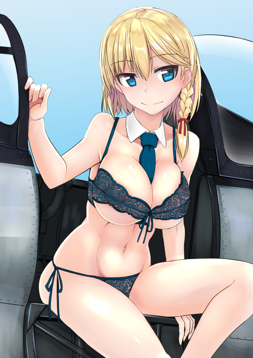 1girl aircraft airplane bangs between_breasts black_bra black_panties blonde_hair blue_eyes blue_sky bra braid breasts clear_sky cleavage closed_mouth collar commentary_request day detached_collar eyebrows_visible_through_hair front-tie_bra hair_ribbon highres lace lace_bra lace_panties large_breasts leaning_forward leg_up looking_at_viewer medium_hair navel necktie necktie_between_breasts original outdoors panties red_ribbon ribbon side-tie_panties side_braid sitting sky smile solo tokihama_jirou underboob underwear underwear_only white_collar wing_collar