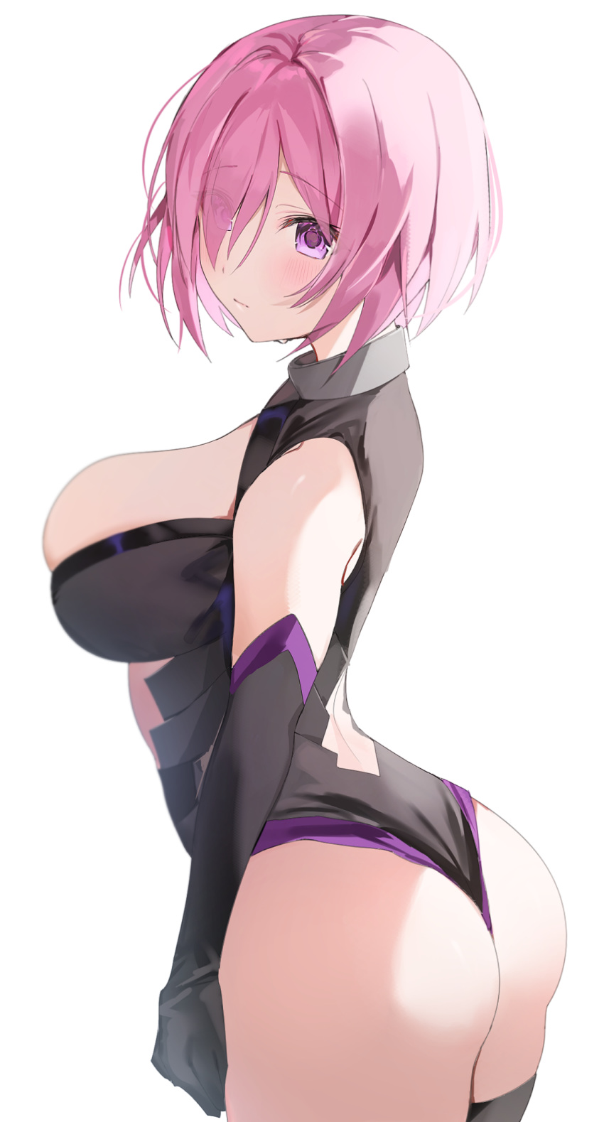 1girl ass back_cutout black_gloves black_leotard blush breasts cleavage cleavage_cutout closed_mouth collar elbow_gloves fate/grand_order fate_(series) gloves hair_over_one_eye highres large_breasts lavender_hair leotard looking_at_viewer mash_kyrielight metal_collar purple_eyes short_hair simple_background solo white_background yuuko_(030_yuko)