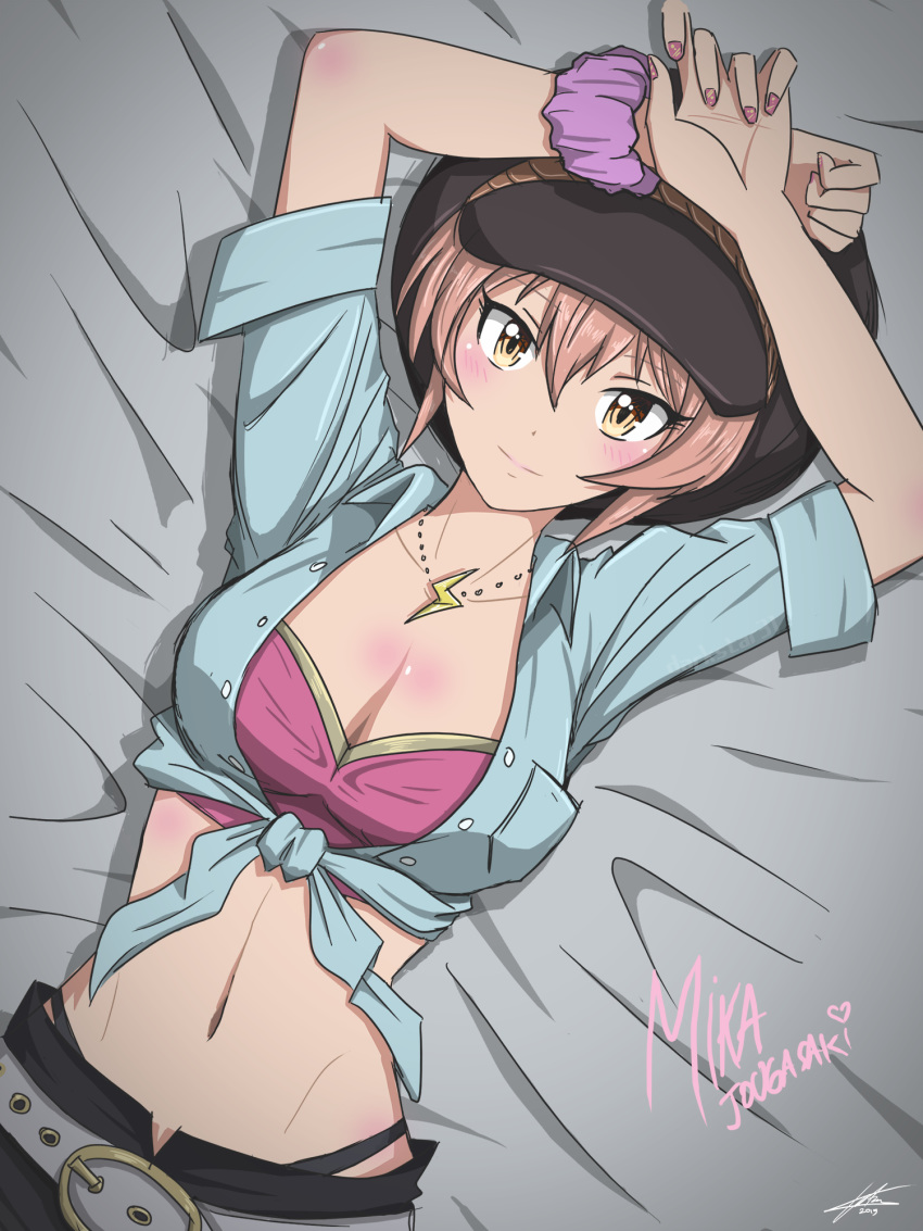 1girl arm_over_head arms_up bangs bed bed_sheet belt belt_buckle black_panties blindfold blush breasts buckle cleavage crop_top darkstar31 eyebrows_visible_through_hair from_above front-tie_top hair_between_eyes highres idolmaster idolmaster_cinderella_girls jewelry jougasaki_mika light_blue_skirt lightning_bolt_necklace looking_at_viewer lying medium_breasts nail_polish navel necklace on_back on_bed open_fly panties panty_straps pillow pink_crop_top pink_hair scrunchie short_sleeves smile solo underwear upper_body yellow_eyes