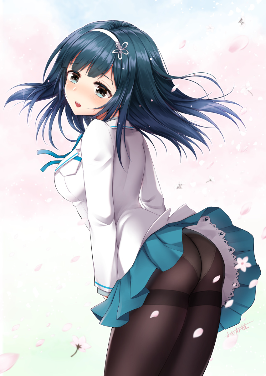 1girl absurdres aqua_skirt ass black_hair blue_neckwear blush breast_pocket breasts cherry_blossoms collared_shirt commentary_request eyebrows_visible_through_hair floating_hair grey_eyes hairband highres long_sleeves looking_at_viewer looking_back medium_breasts medium_hair neck_ribbon omoomomo open_mouth original panties panties_under_pantyhose pantyhose plaid plaid_skirt pocket ribbon shiny shiny_hair shirt skirt skirt_lift solo sweatdrop thighband_pantyhose underwear white_panties white_shirt
