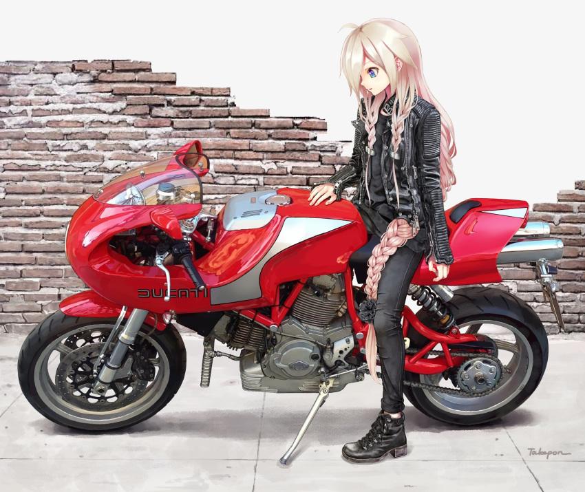 biker black_footwear black_jacket black_pants black_shirt blue_eyes braid brick_wall cevio commentary ducati exhaust_pipe ground_vehicle hair_tie handlebar highres ia_(vocaloid) jacket long_hair looking_at_object motor_vehicle on_motorcycle pants platinum_blonde_hair shirt side_braid takepon1123 twin_braids vehicle_request very_long_hair vocaloid wheel wide_shot zipper