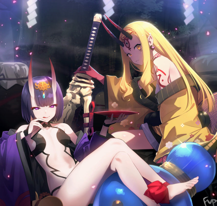 2girls alcohol ankle_ribbon bangs bare_shoulders barefoot blonde_hair blush bob_cut breasts bridal_gauntlets closed_mouth collarbone crossed_legs cup earrings eyeliner facial_mark fate/grand_order fate_(series) feet fingernails floral_print forehead forehead_mark fpanda gourd hair_pulled_back headpiece highres horns ibaraki_douji_(fate/grand_order) japanese_clothes jar jewelry kimono legs licking_lips long_hair long_sleeves looking_at_viewer makeup multiple_girls navel off_shoulder oni oni_horns open_clothes open_kimono pointy_ears purple_eyes purple_hair purple_kimono red_ribbon revealing_clothes ribbon sakazuki sake sharp_fingernails short_eyebrows short_hair shuten_douji_(fate/grand_order) sitting skin-covered_horns slit_pupils small_breasts smile sword tattoo tongue tongue_out weapon wide_sleeves yellow_eyes yellow_kimono