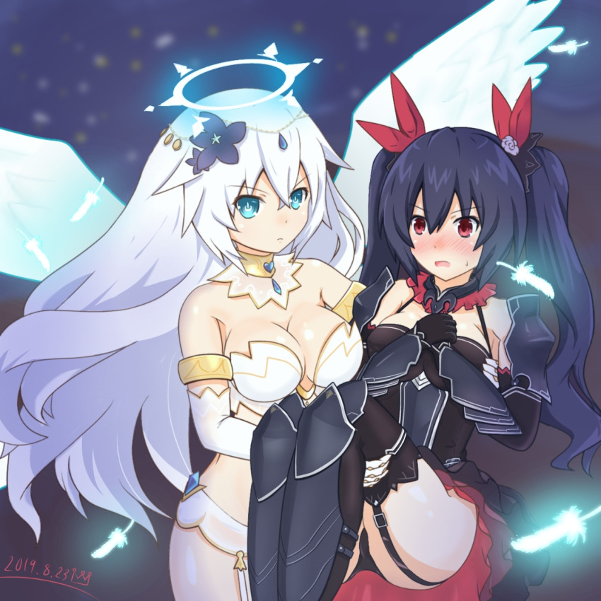 2girls aqua_eyes armor armored_boots armored_dress bangs bare_shoulders black_hair black_heart blush boots breasts carrying cleavage closed_mouth commentary_request dated embarrassed expressionless eyebrows_visible_through_hair feathered_wings feathers flow flower four_goddesses_online:_cyber_dimension_neptune garter_straps hair_between_eyes hair_flower hair_ornament hair_ribbon haki highres jewelry long_hair medium_breasts multiple_girls neptune_(series) noire open_mouth princess_carry red_eyes ribbon rkaode14 symbol-shaped_pupils thighhighs twintails very_long_hair wings