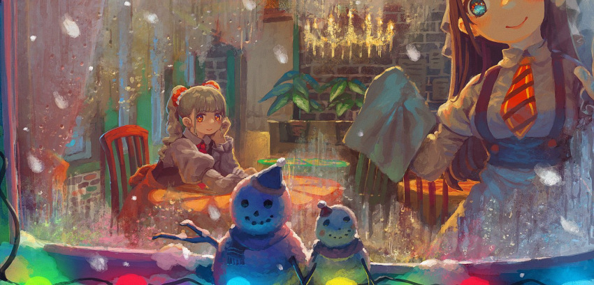 2girls blue_eyes blush breasts chair chandelier christmas christmas_lights closed_mouth drill_hair eyebrows_visible_through_hair long_hair looking_at_viewer maid medium_breasts multiple_girls necktie original red_eyes red_neckwear sitting smile snowman table twin_drills usagino_suzu window