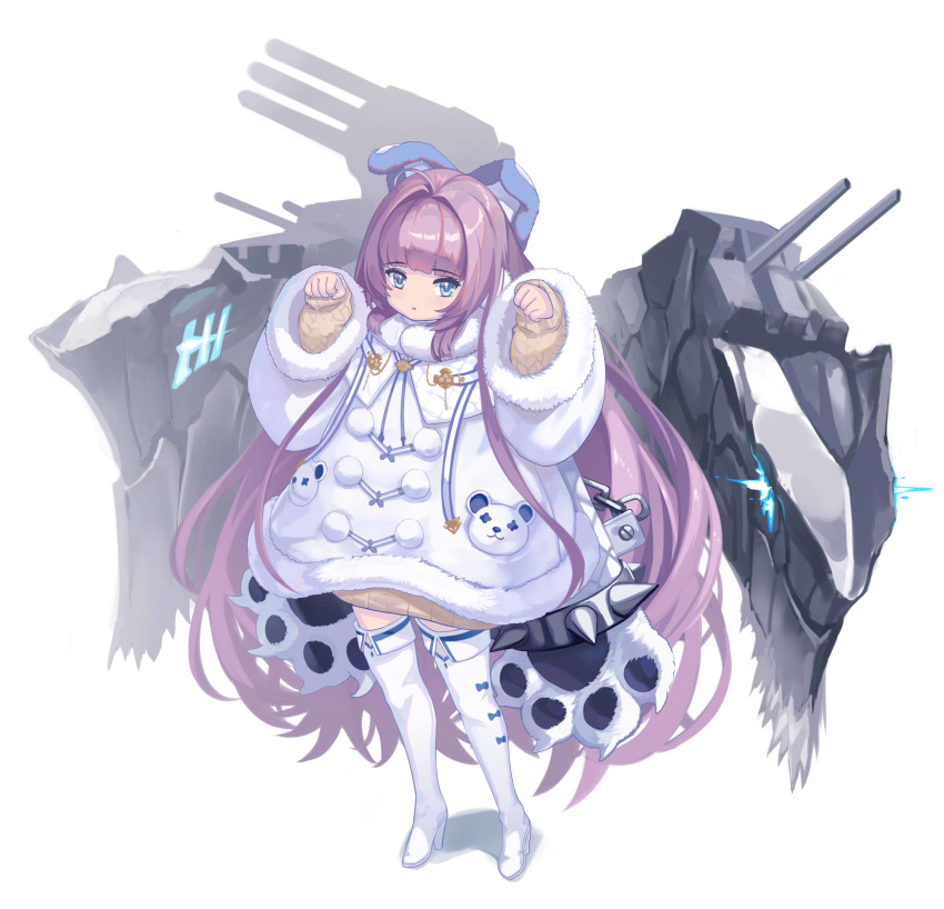 1girl absurdres animal_ears azur_lane blue_eyes blush coat eyebrows_visible_through_hair fake_animal_ears full_body fur_trim hair_ornament hair_ribbon highres long_hair long_sleeves looking_at_viewer open_mouth purple_hair ribbon shirt solo sweater tashkent_(azur_lane) thighhighs turret very_long_hair white_coat white_legwear yato