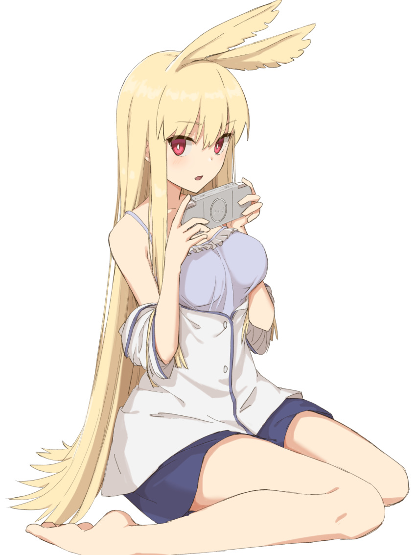 1girl bangs bare_shoulders blonde_hair blue_skirt breasts collarbone commentary_request elfenlied22 eyebrows_visible_through_hair fate/grand_order fate_(series) handheld_game_console head_wings highres holding_handheld_game_console large_breasts long_hair looking_at_viewer off-shoulder_shirt off_shoulder playstation_portable red_eyes shirt simple_background skirt smile thrud_(fate/grand_order) valkyrie_(fate/grand_order) white_background white_shirt