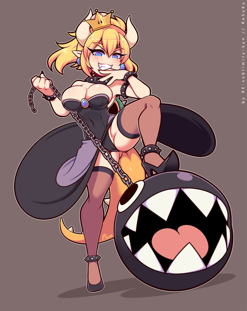 1girl bangs bare_shoulders black_dress black_footwear black_nails blonde_hair blue_eyes bowsette bracelet breasts chain chain_chomp cleavage collar commentary crown dress earrings english_commentary eyebrows_visible_through_hair eyes_visible_through_hair fang fingernails full_body grey_background grin hair_between_eyes hand_to_own_mouth high_heels highres horns jewelry large_breasts long_fingernails looking_at_viewer mario_(series) mini_crown new_super_mario_bros._u_deluxe outline pointy_ears ponytail re-sublimity-kun sharp_teeth shoes simple_background smile solo spiked_anklet spiked_armlet spiked_bracelet spiked_collar spiked_shell spiked_tail spikes strapless strapless_dress super_crown tail teeth thick_eyebrows thighhighs turtle_shell v-shaped_eyebrows watermark web_address white_outline