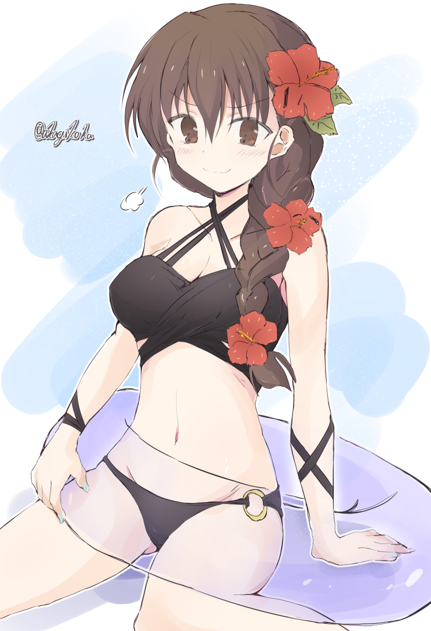 1girl =3 bikini black_bikini braid breasts brown_eyes brown_hair cleavage closed_mouth commentary criss-cross_halter eyebrows_visible_through_hair flower getsumen_suibaku_ver._a(c) girls_und_panzer hair_flower hair_ornament hair_over_shoulder hairclip halterneck highres holding holding_innertube innertube long_hair looking_at_viewer medium_breasts navel o-ring o-ring_bikini red_flower rukuriri_(girls_und_panzer) single_braid sitting smile snort solo swimsuit twintails wariza