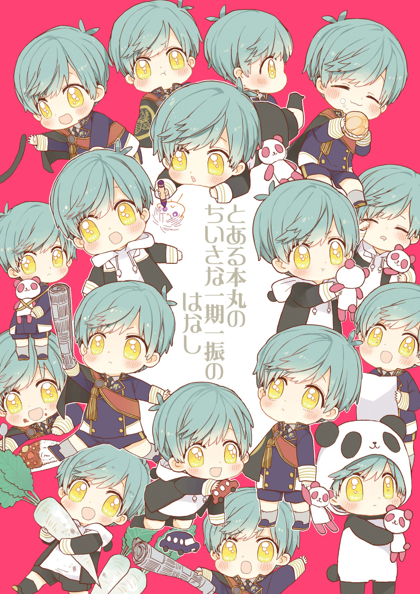 1boy :d :t ^_^ absurdres animal_costume aqua_hair child closed_eyes cover cover_page crayon cream_puff curry curry_rice daikon doujin_cover drawing drooling eating food food_on_face highres hood hoodie ichigo_hitofuri lying male_focus military military_uniform necktie newspaper on_stomach open_mouth panda_costume rice sayu030b shorts sitting smile stuffed_animal stuffed_panda stuffed_toy touken_ranbu toy_car uniform yellow_eyes younger