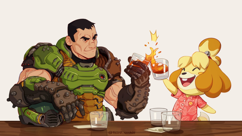 1boy 1girl bell black_hair blonde_hair buck_teeth crossover cup dog_girl dog_tail doom_(game) doom_eternal doomguy doubutsu_no_mori drinking_glass glass hair_bell hair_ornament hawaiian_shirt headwear_removed helmet helmet_removed highres praetor_suit shirt shizue_(doubutsu_no_mori) simple_background smile table tail third_cookie topknot