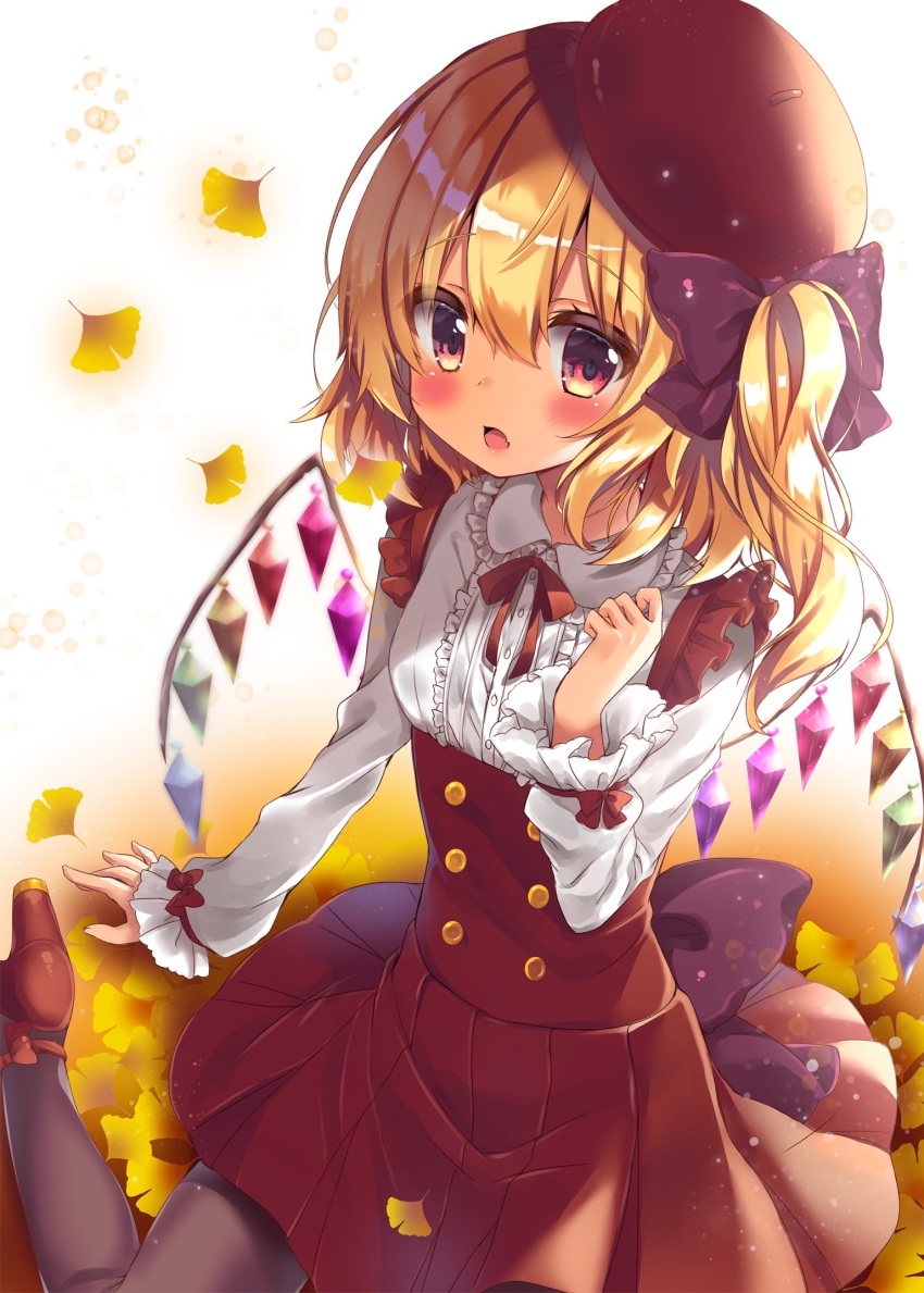 1girl bangs beret black_legwear blonde_hair blush bow breasts center_frills commentary_request crystal eyebrows_visible_through_hair fang flandre_scarlet frills ginkgo_leaf hair_between_eyes hair_bow hat high-waist_skirt high_heels highres honoka_chiffon long_hair long_sleeves one_side_up open_mouth pantyhose pleated_skirt purple_bow red_bow red_eyes red_footwear red_headwear red_skirt shirt shoes sitting skirt small_breasts solo tilted_headwear touhou wariza white_shirt wings
