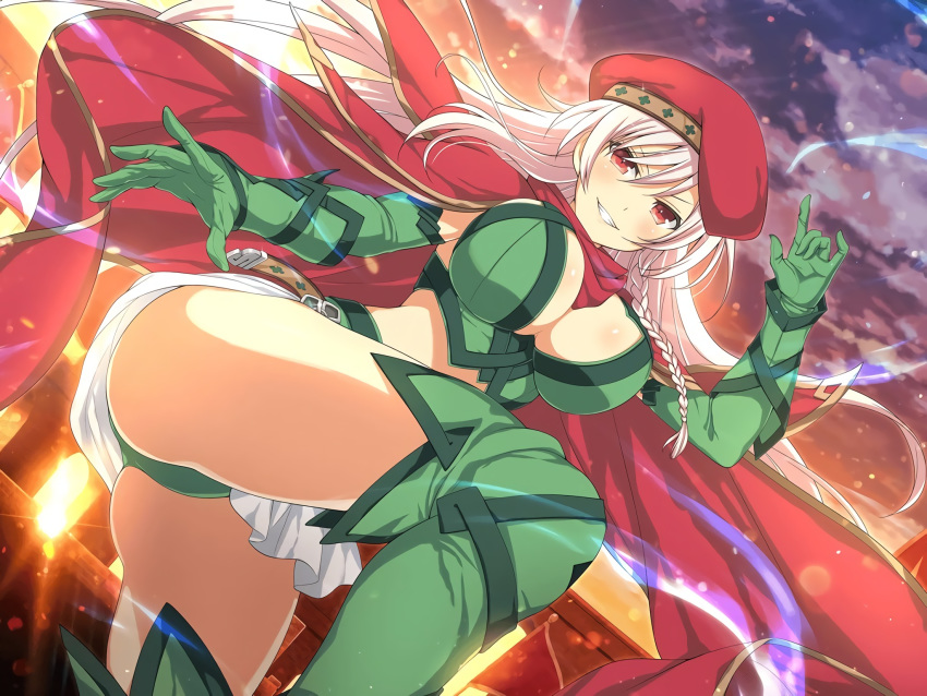 1girl alleyne_(queen's_blade) alleyne_(queen's_blade)_(cosplay) ass bangs bare_shoulders beret blonde_hair boots braid breasts bustier cape cleavage cosplay crossover elbow_gloves gloves green_footwear green_gloves grin hat highres large_breasts long_hair looking_at_viewer official_art outdoors queen's_blade red_cape red_eyes senran_kagura senran_kagura_new_link shoes side_braid sky smile solo souji_(senran_kagura) standing teeth thigh_boots thighhighs v-shaped_eyebrows very_long_hair weapon yaegashi_nan