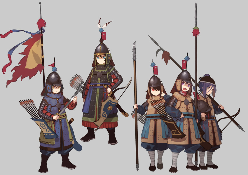 5girls :d armor arrow black_hair blue_eyes boots bow_(weapon) brown_hair chinese_armor fangdan_runiu flag full_armor grey_background hair_over_one_eye helmet highres holding holding_bow_(weapon) holding_spear holding_sword holding_weapon looking_at_viewer multiple_girls open_mouth polearm quiver red_eyes simple_background smile spear sword weapon yellow_eyes