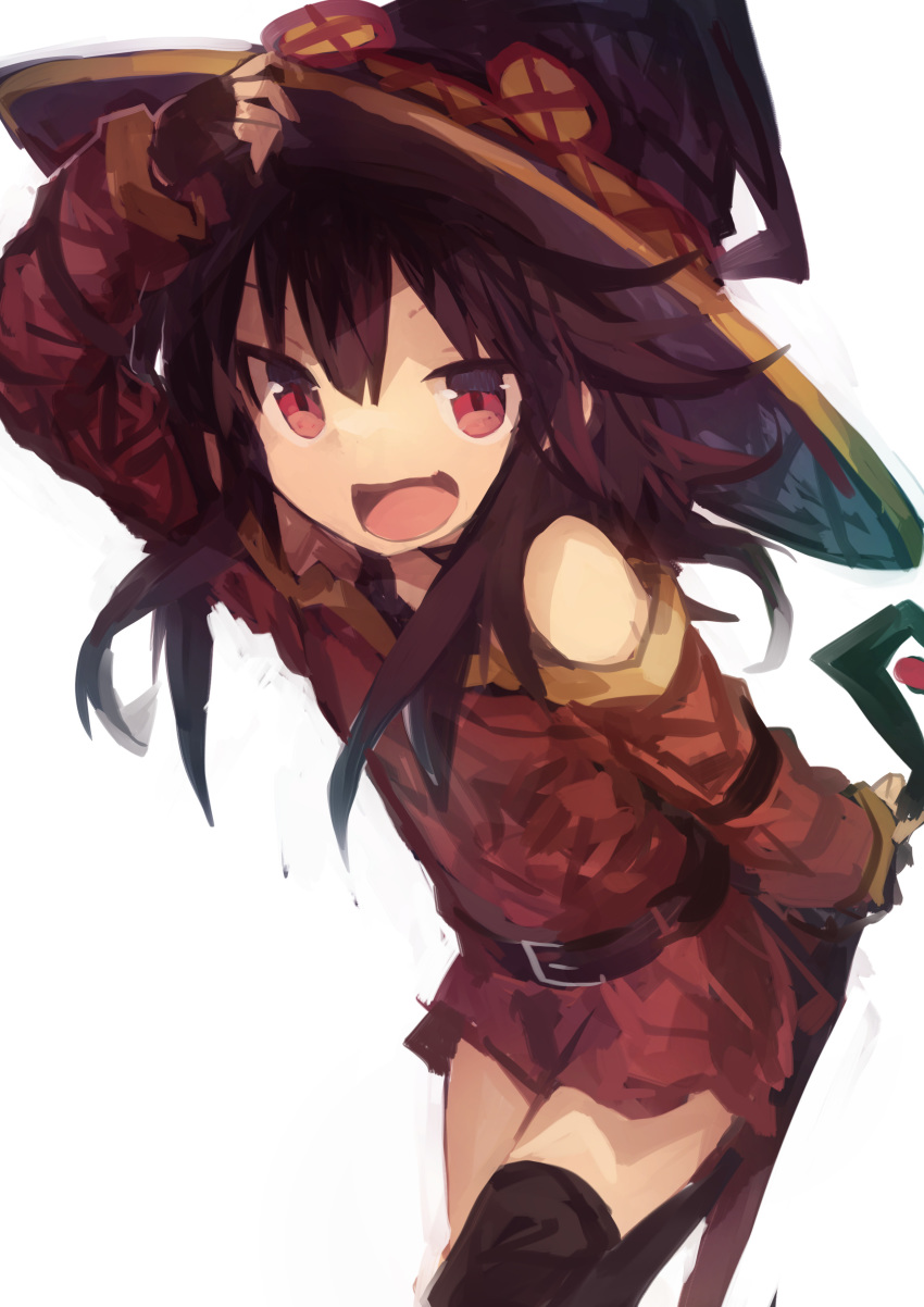 1girl absurdres bangs belt black_gloves black_legwear brown_hair dress fingerless_gloves gloves hair_between_eyes hat highres holding holding_staff kaamin_(mariarose753) kono_subarashii_sekai_ni_shukufuku_wo! megumin open_mouth red_dress red_eyes short_hair_with_long_locks simple_background single_thighhigh solo staff thighhighs white_background witch_hat