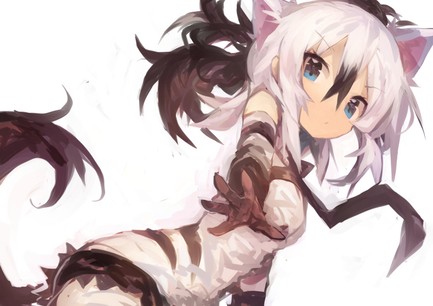 1girl aardwolf_(kemono_friends) aardwolf_ears aardwolf_tail absurdres animal_ears bare_shoulders black_hair black_neckwear blue_eyes elbow_gloves eyebrows_visible_through_hair gloves highres kaamin_(mariarose753) kemono_friends multicolored multicolored_clothes multicolored_hair multicolored_legwear panties pantyhose print_gloves print_legwear shirt simple_background sleeveless sleeveless_shirt solo tail two-tone_hair underwear white_background white_hair