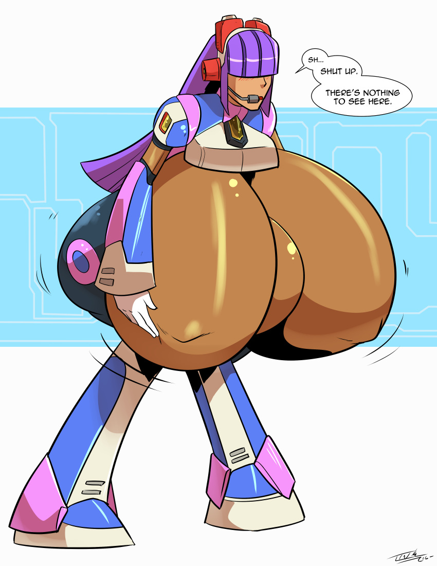 absurd_res android armor belly big_breasts blue_clothing boots breast_expansion breasts butt capcom clothing english_text female footwear hair hand_on_breast hi_res huge_breasts humanoid layer machine mega_man_(series) mega_man_x_(series) megaman_x purple_hair reploid robot simple_background solo speech_bubble text unknown_artist video_games white_background