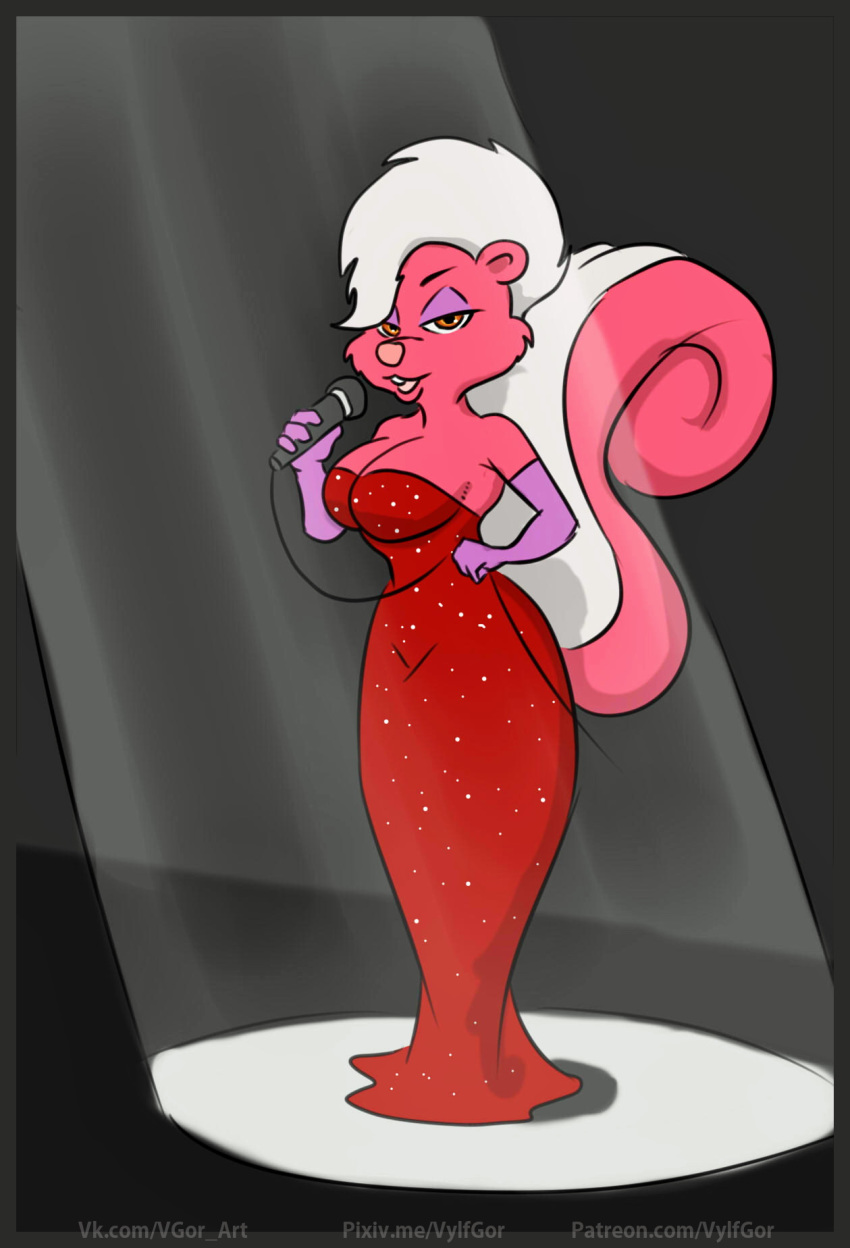 big_breasts bimbette breasts clothed clothing digital_media_(artwork) female fur half-closed_eyes hi_res looney_tunes mammal mephitid narrowed_eyes pink_body pink_fur skunk solo tiny_toon_adventures vylfgor warner_brothers