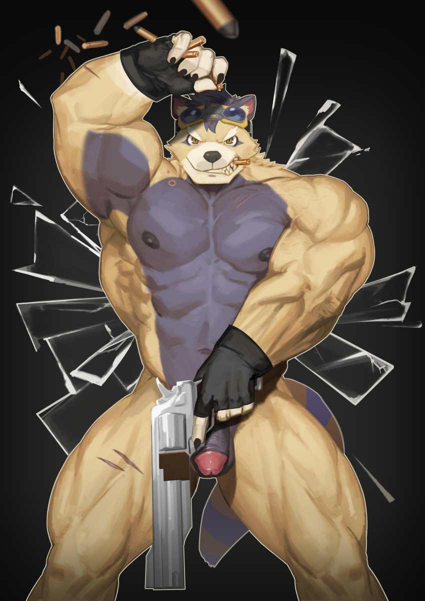 absurd_res bullet eyewear genitals glass goggles grin gun hi_res male mammal nipples nude penis raccoon21 ranged_weapon scar simple_background smile solo ursid weapon yellow_body