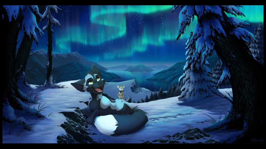 2020 aurora_borealis black_body black_fur black_hair canid canine detailed_background digital_media_(artwork) duo feral fox fur hair hi_res kitchiki lake looking_up mammal mouse murid murine night open_mouth outside rodent sky smile snow star starry_sky teeth tongue tree yellow_eyes