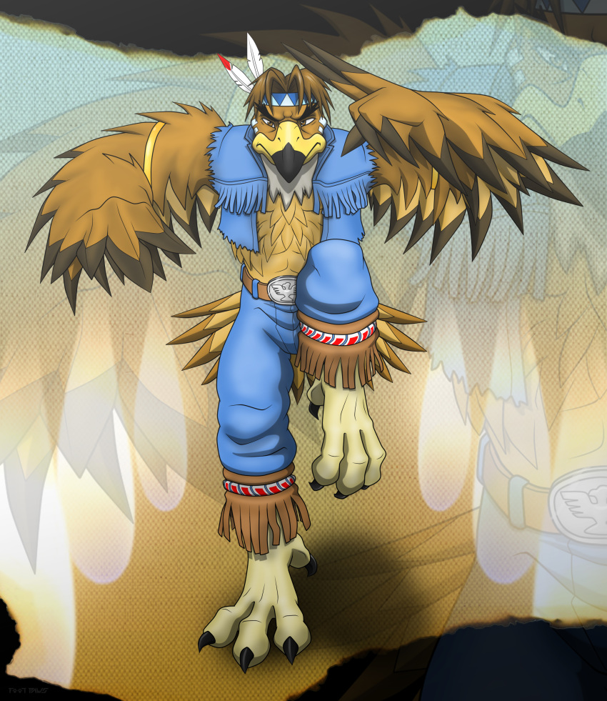 2017 absurd_res accipitrid accipitriform avian beak belt bird black_beak blowup_background blue_bottomwear blue_clothing bottomwear capcom clothed clothing feathers foot-paws front_view full-length_portrait hi_res looking_at_viewer portrait simple_background street_fighter t._hawk_(street_fighter) tail_feathers talons two_tone_beak video_games white_body white_feathers yellow_beak