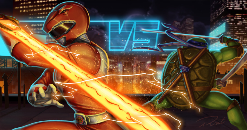 absurd_res armor bandanna death_battle duo electricity green_body green_skin hi_res human jason_lee_scott leonardo_(tmnt) male mammal melee_weapon mighty_morphin_power_rangers power_rangers red_ranger reptile rober_2403 scalie sword teenage_mutant_ninja_turtles turtle weapon