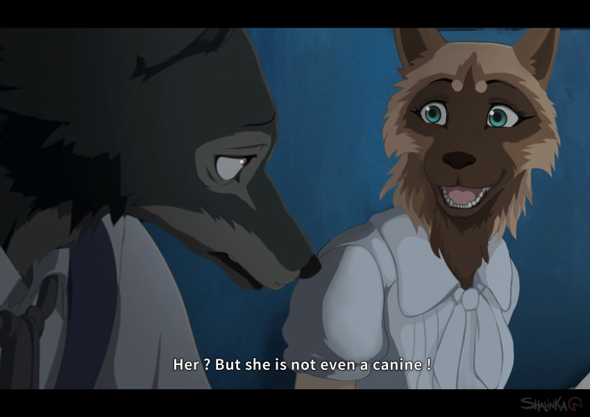 2020 absurd_res beastars black_bars brown_body brown_fur canid canine canis digital_media_(artwork) duo english_text female fur hi_res male mammal open_mouth shalinka teeth text tongue wolf