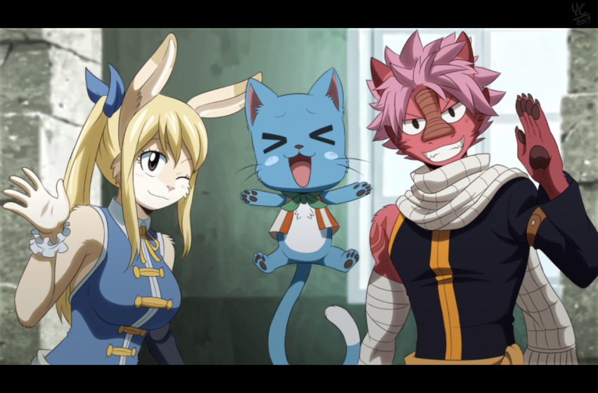 alternate_species anthro blonde_hair blue_body blue_fur breasts clothed clothing domestic_cat dragon exceed fairy_tail felid feline felis female fully_clothed fur furrification hair happy_(fairy_tail) lagomorph leporid long_tail looking_at_viewer lucy_heartfilia mammal natsu_dragneel pink_hair rabbit smile youkai-chan