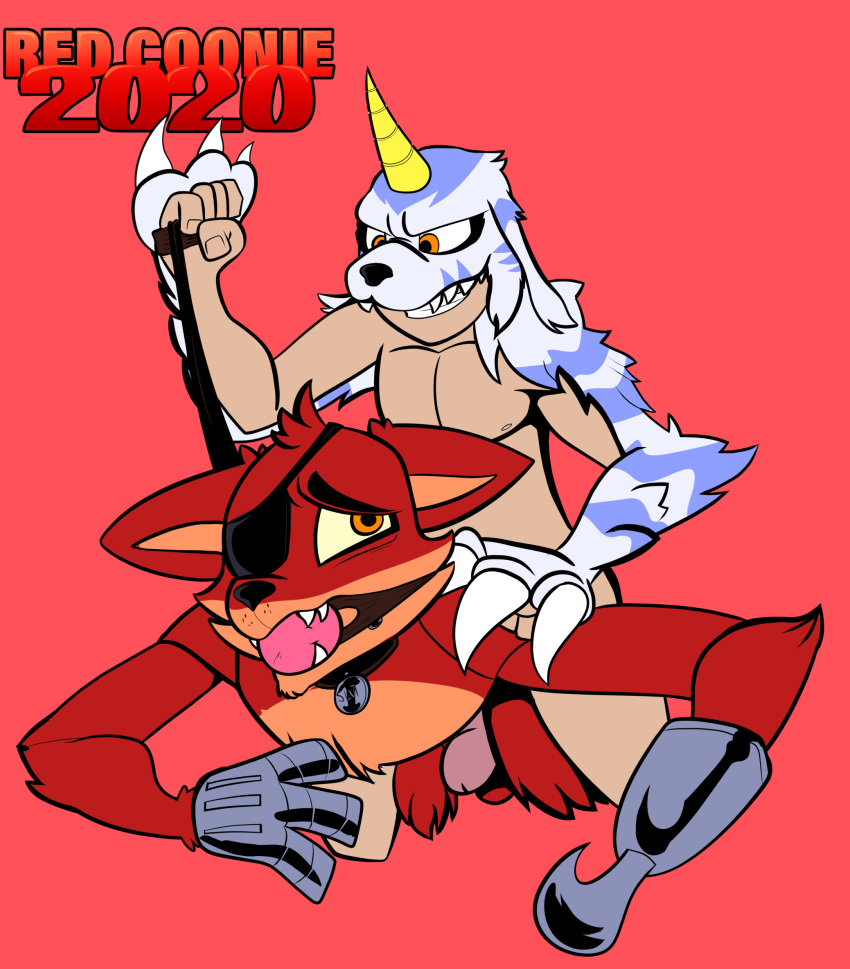 2020 5_fingers android anthro ball_gag canid canine clothing costume duo eye_patch eyewear fangs fingers five_nights_at_freddy's forced fox foxy_(fnaf) gag genitals hi_res hook hook_hand human humanoid leash machine male male/male mammal mask maski penis rape redcoonie robot teeth video_games
