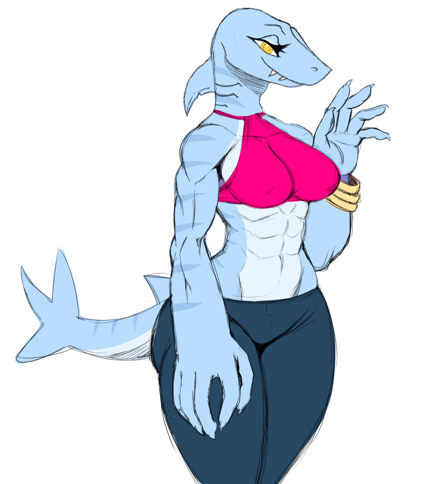 absurd_res anthro bald big_hands bottomwear bracelet breasts clothed clothing edit eyelashes female fin fish fivel gesture gills half-closed_eyes halter_top hi_res jewelry long_arms looking_at_viewer marine mashup mature_female midriff muscular narrowed_eyes nipple_outline non-mammal_breasts shark shark_mom_(sssonic2) shark_tail simple_background smile smiling_at_viewer solo sssonic2 teeth topwear waving wide_hips yellow_eyes yoga_pants