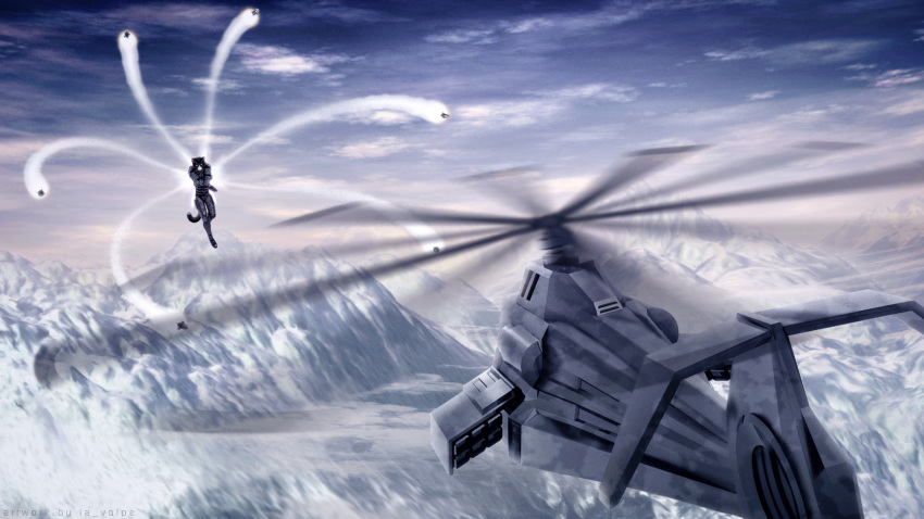 3d_(artwork) adam_sung aircraft armor black_body black_fur blue_eyes bodysuit clothing digital_media_(artwork) domestic_cat felid feline felis firearms fur helicopter hi_res jet_pack la_volpe male mammal mountain pink_nose rocket skinsuit snow solo tight_clothing whiskers white_body white_fur