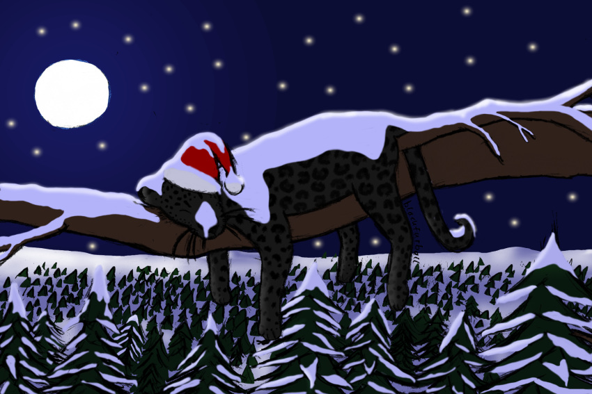 ambiguous_gender black_body black_fur blackfurball christmas christmas_decorations felid feline feral fur hi_res holidays leopard light mammal mixed_media_(artwork) moonlight panthera pantherine rosettes sleeping snow solo tree winter