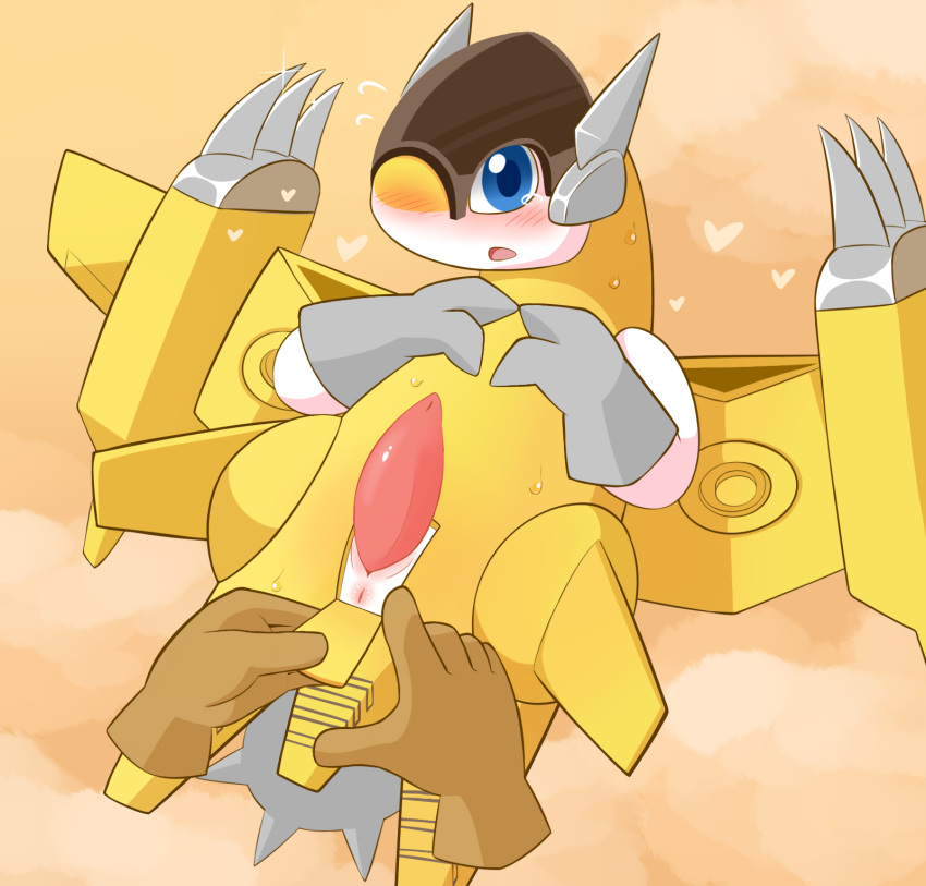 aircraft airplane ambiguous_gender anus armor avian bird blue_eyes blush clothing digimon digimon_(species) driosawm erection feral genitals gloves handwear headgear hi_res living_aircraft living_machine living_vehicle looking_at_viewer machine male open_mouth penis simple_background smile solo solo_focus sparrowmon tapering_penis tongue vehicle wings yellow_body