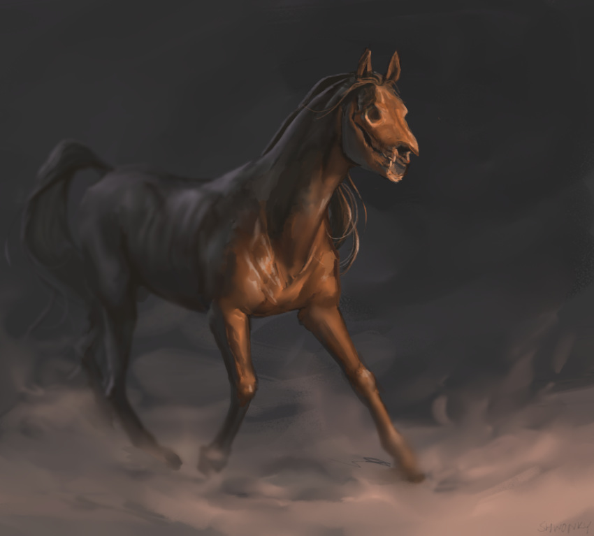 2020 ambiguous_gender bone brown_hair digital_media_(artwork) equid equine feral hair hi_res hooves horse mammal shwonky skull solo