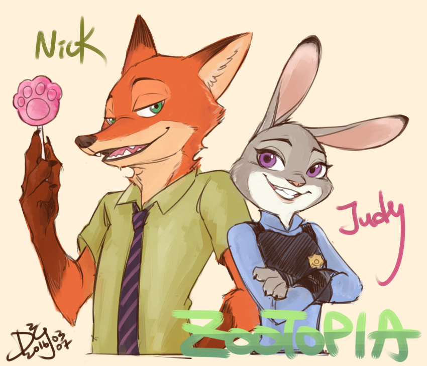 2016 anthro blackteakimi canid canine cheek_tuft clothed clothing crossed_arms dated dipstick_ears disney duo facial_tuft food fox fur grey_body grey_fur grin hi_res holding_food holding_object judy_hopps lagomorph leporid mammal multicolored_ears necktie nick_wilde orange_body orange_fur pawpsicle popsicle rabbit red_fox shirt signature simple_background smile tan_background topwear tuft zootopia