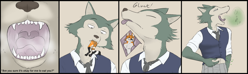 anthro beastars bodily_fluids breath burping canid canine canis comic da~blueguy drooling fangs fox hi_res legoshi_(beastars) macro male male/male male_pred male_prey mammal micro mouth_shot neck_bulge oral_vore saliva swallowing tongue vore wolf