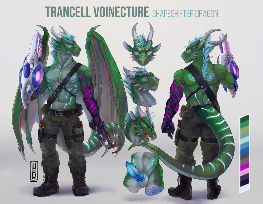 absurd_res anthro bioluminescence blue_hair corruption crossbow crossbow_bolts dragon genitals glowing glowing_genitalia glowing_penis green_body hair hi_res high_tech luki3m male military military_clothing model_sheet penis ranged_weapon ref-sheet shape_shifter solo trancell trancell_voinecture weapon wings