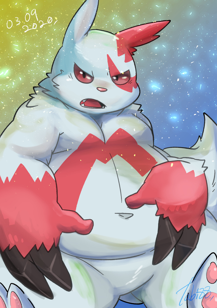 2020 3_fingers absurd_res angry anthro belly cheek_tuft dated facial_tuft fingers fluffy fluffy_tail fur hi_res kemono looking_at_viewer navel nintendo open_mouth overweight pink_nose pok&eacute;mon pok&eacute;mon_(species) red_body red_eyes red_fur red_tongue signature signed simple_background sitting solo sparkles textured_background tiri_mama tongue tuft video_games white_body white_fur zangoose zangoose_day