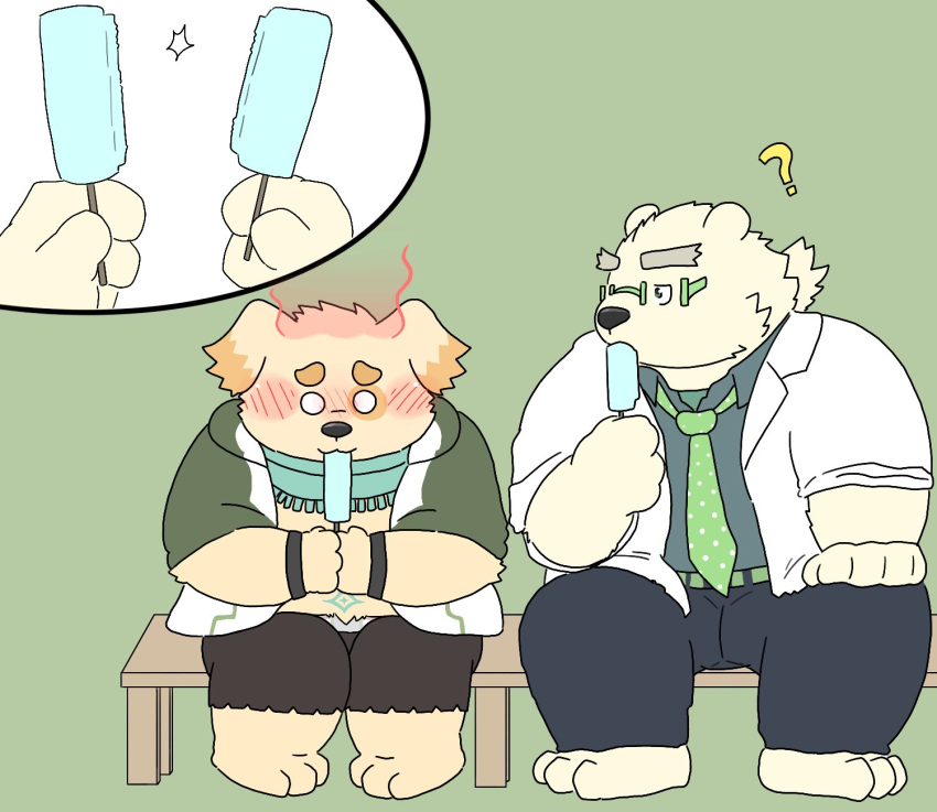 2020 ? anthro belly bottomwear canid canine canis clothing cu_sith_(tas) domestic_dog duo food hi_res hon55728 kemono leib_(tas) male mammal necktie overweight overweight_male pants polar_bear popsicle scarf shirt shorts sitting tokyo_afterschool_summoners topwear ursid ursine video_games