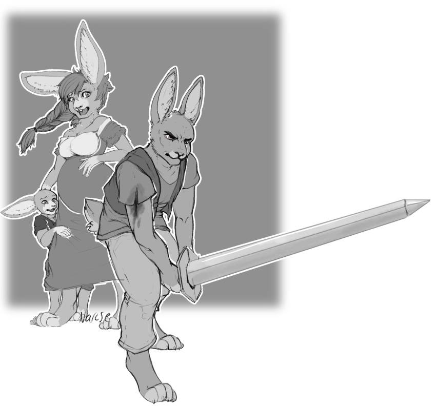 anthro battle blood bodily_fluids clothing cut_(disambiguation) dress fantasy father female hair hero hi_res husband lagomorph leporid male mammal melee_weapon mother narusewolf parent pregnant pregnant_belly protecting rabbit sketch son sword weapon wife wounded