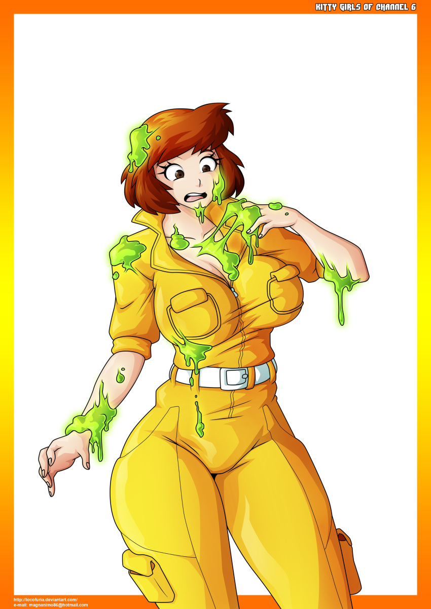 absurd_res april_o'neil big_breasts breasts clothing female hair hi_res human human_only jumpsuit mammal not_furry short_hair simple_background slime solo surprise teenage_mutant_ninja_turtles white_background witchking00