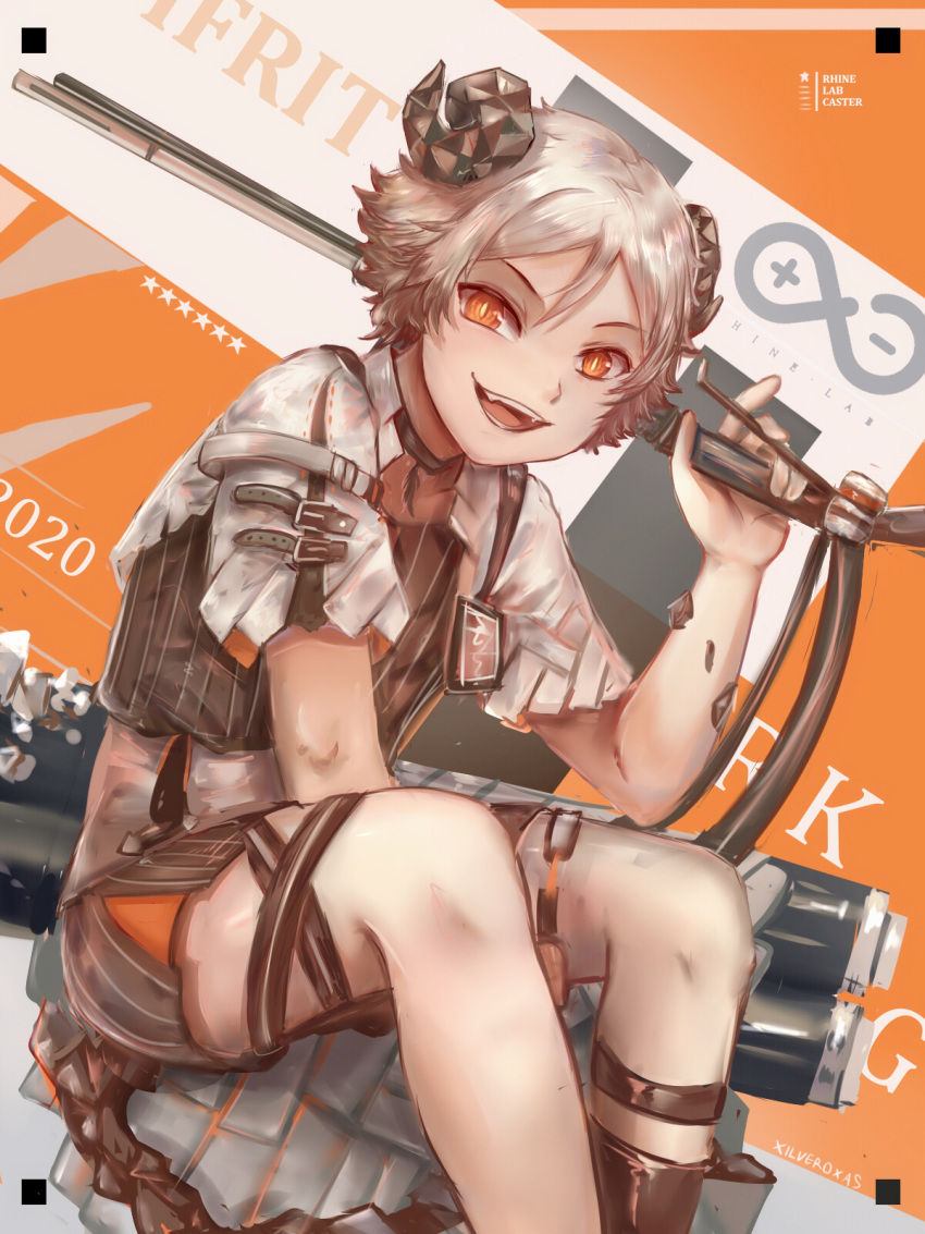 1boy arknights character_name fangs flamethrower genderswap highres horns id_card ifrit_(arknights) open_mouth short_hair shorts smile strap weapon white_hair xilveroxas