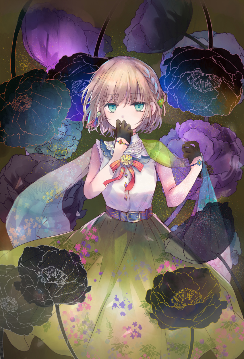 1girl bangs black_flower black_gloves blue_eyes blue_flower bow braid brown_hair commentary covered_mouth english_commentary eyebrows_visible_through_hair floral_print flower gloves green_bow green_skirt hair_between_eyes hair_bow hair_ornament half_gloves hand_up hands_up highres kazu_(muchuukai) looking_at_viewer original pleated_skirt print_skirt purple_flower red_bow see-through shirt skirt sleeveless sleeveless_shirt solo striped striped_bow white_shirt