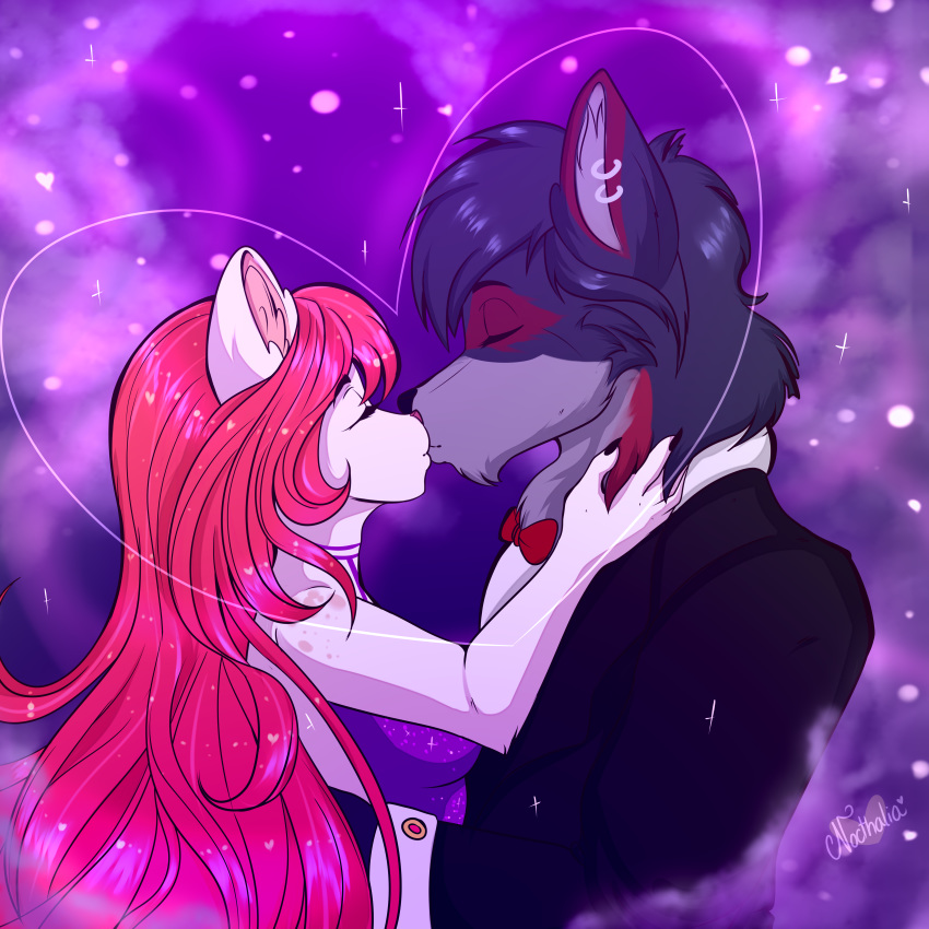&lt;3 abstract_background absurd_res anthro artemis_tsukino black_nose black_tie_(suit) bow_tie canid canine canis clothing couple_(romantic) couple_love domestic_cat dress duo embrace eyes_closed felid feline felis female fur hair hand_on_neck hi_res holidays kissing long_hair lycos_ryugen male male/female mammal multicolored_body multicolored_fur nails painted_nail piercing pink_hair pink_nose starcaller suit valentine's_day waist_up white_body white_fur wolf