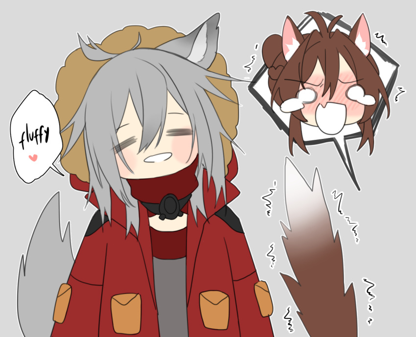 =_= ahoge animal_ear_fluff animal_ears arknights blank_eyes blush blush_stickers braid brown_hair cat_ears cat_tail chibi closed_eyes coat crown_braid deathalice doctor_(arknights) english_text female_doctor_(arknights) fur-trimmed_hood gas_mask grey_background grey_hair hair_between_eyes happy hooded_coat long_hair looking_at_viewer mask_around_neck projekt_red_(arknights) red_coat shouting simple_background speech_bubble spoken_expression tail tail_raised tears trembling upper_body wolf_ears wolf_tail yuri