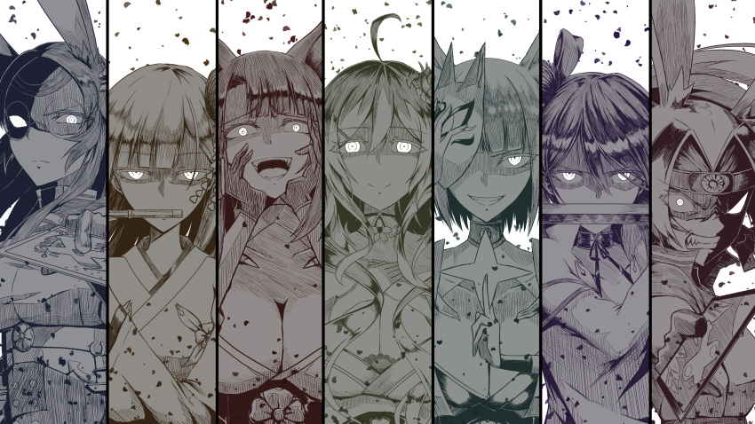 6+girls absurdres ahoge akagi_(azur_lane) anger_vein angry animal_ears azur_lane bangs bare_shoulders blunt_bangs bob_cut breasts bunny_ears card cleavage clenched_teeth closed_mouth collarbone column_lineup commentary_request covered_mouth crazy_eyes eyebrows_visible_through_hair eyes_visible_through_hair fangs flower flute fox_ears glasses gloves glowing glowing_eyes grin hair_between_eyes hair_flower hair_intakes hair_ornament hairclip half-closed_eyes hands_on_own_cheeks hands_on_own_face headband high_ponytail highres hime_cut hiryuu_(azur_lane) holding holding_sword holding_weapon houshou_(azur_lane) huge_breasts instrument japanese_clothes kaga_(azur_lane) katana kimono large_breasts long_hair long_sleeves looking_at_viewer mask mask_on_head medium_breasts mole mole_under_eye monochrome multiple_girls necktie off_shoulder open_mouth parka_(summersketch) parted_lips petals ponytail ribbon round_eyewear serious shaded_face shikigami short_hair shoukaku_(azur_lane) sidelocks smile smirk souryuu_(azur_lane) spot_color sword teeth tsurime veins weapon wide_sleeves yandere zuikaku_(azur_lane)